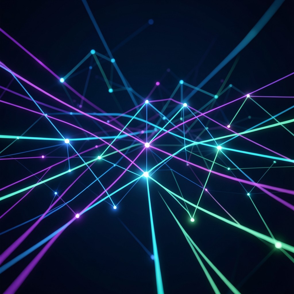 Futuristic abstract digital network visualization with luminous purple and mint green data streams